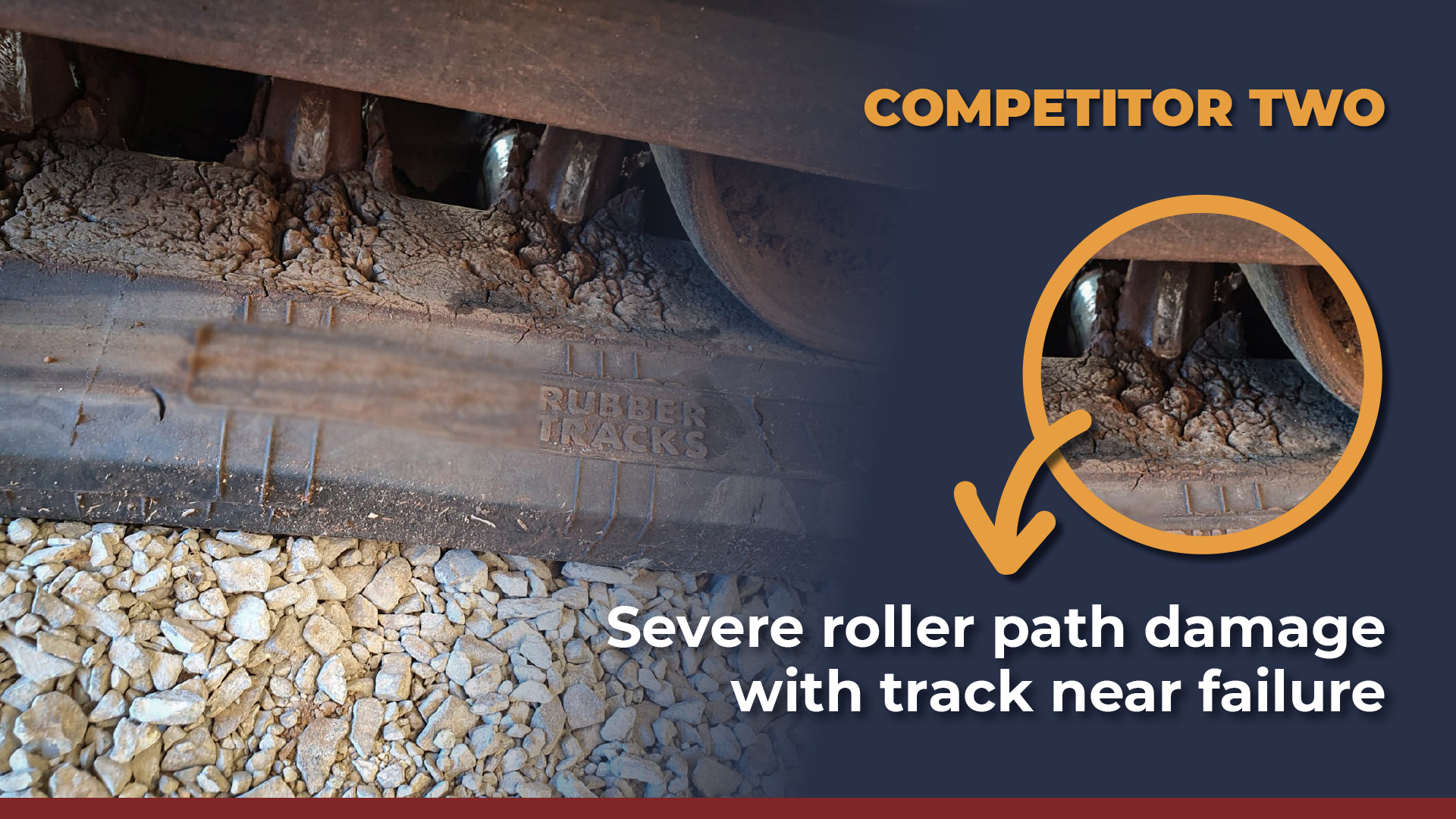 Cheap rubber tracks - Competitor Two: Severe roller path damage with track near failure (note brand has been blurred)